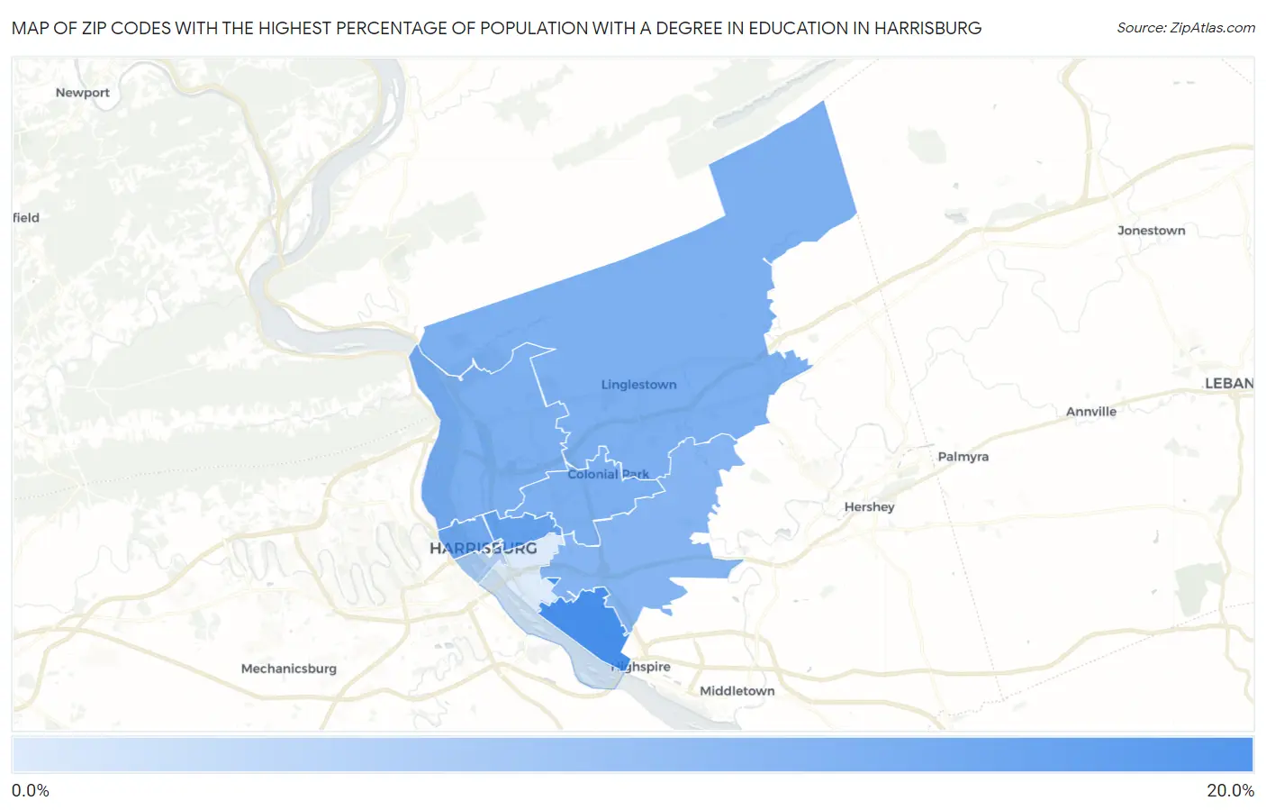 Zip Codes with the Highest Percentage of Population with a Degree in Education in Harrisburg Map