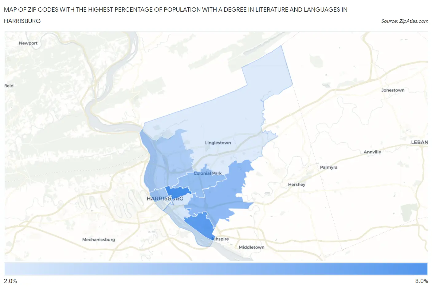 Zip Codes with the Highest Percentage of Population with a Degree in Literature and Languages in Harrisburg Map