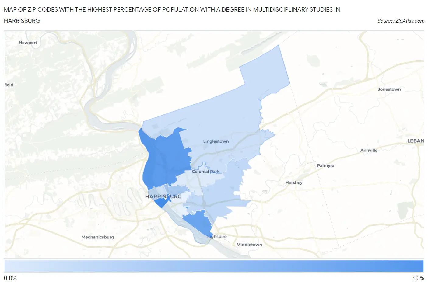 Zip Codes with the Highest Percentage of Population with a Degree in Multidisciplinary Studies in Harrisburg Map