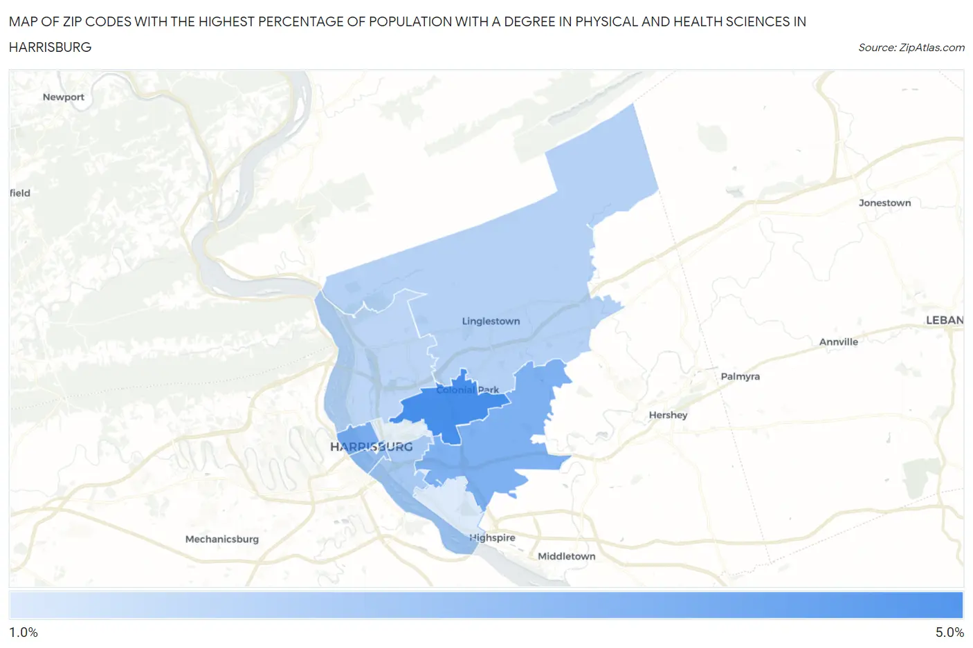 Zip Codes with the Highest Percentage of Population with a Degree in Physical and Health Sciences in Harrisburg Map