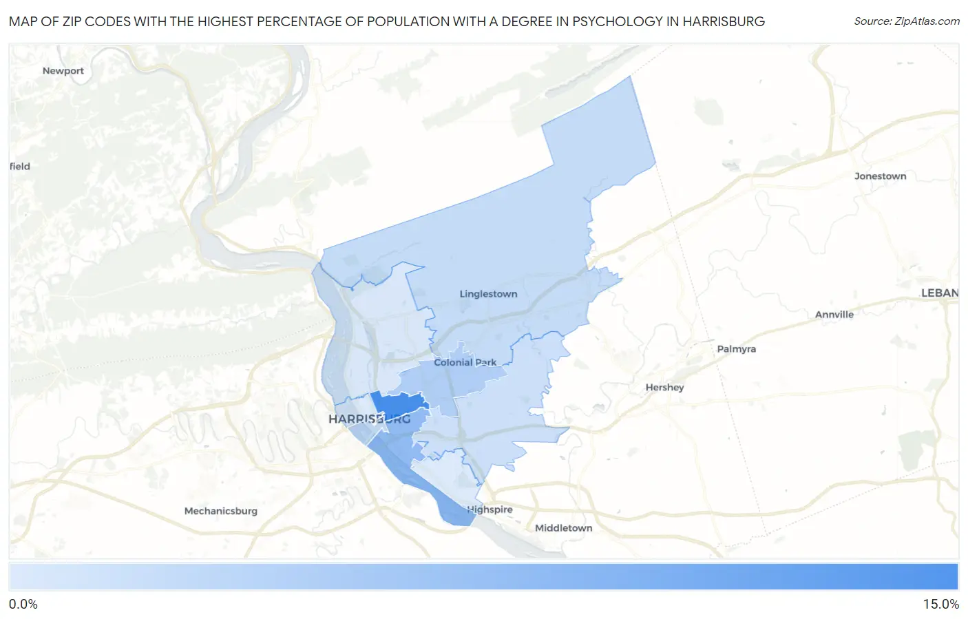 Zip Codes with the Highest Percentage of Population with a Degree in Psychology in Harrisburg Map
