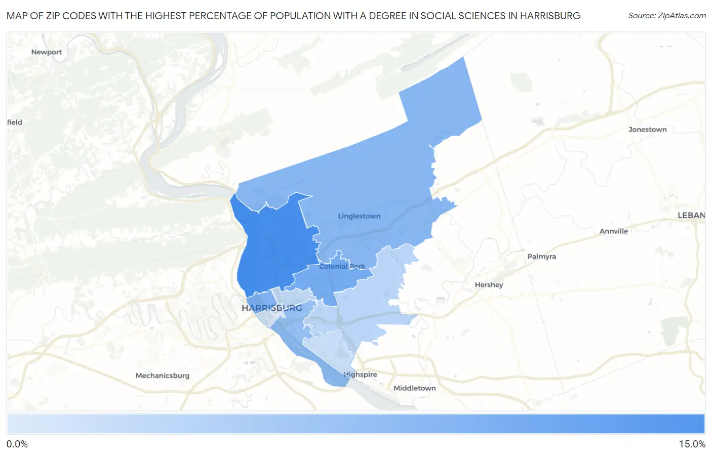 Zip Codes with the Highest Percentage of Population with a Degree in Social Sciences in Harrisburg Map