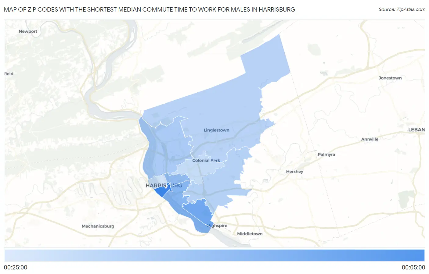 Zip Codes with the Shortest Median Commute Time to Work for Males in Harrisburg Map