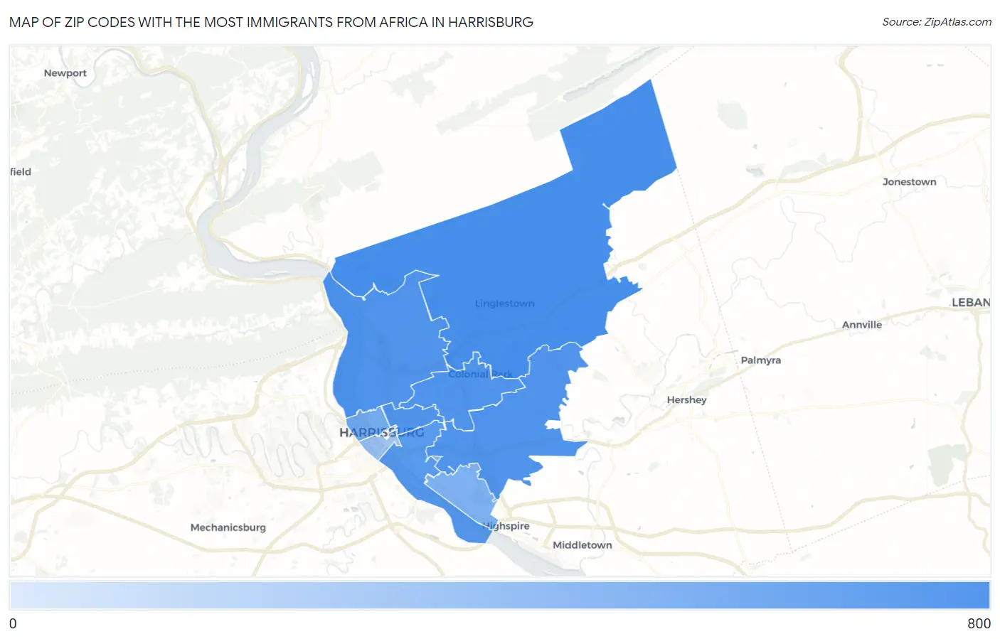 Zip Codes with the Most Immigrants from Africa in Harrisburg Map