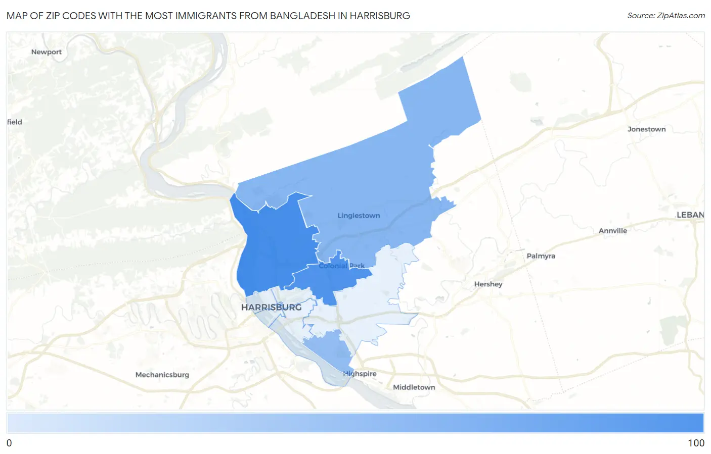 Zip Codes with the Most Immigrants from Bangladesh in Harrisburg Map