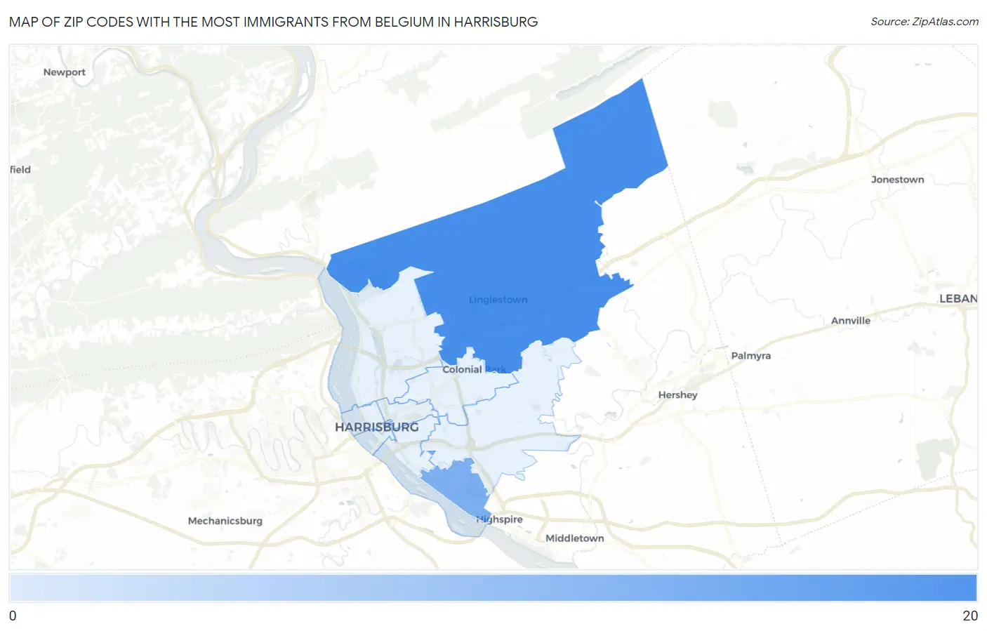 Zip Codes with the Most Immigrants from Belgium in Harrisburg Map