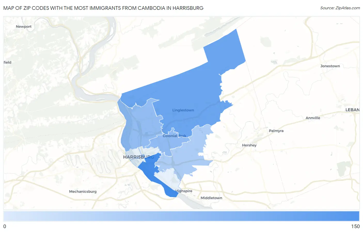 Zip Codes with the Most Immigrants from Cambodia in Harrisburg Map