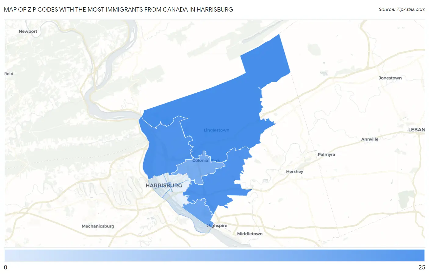 Zip Codes with the Most Immigrants from Canada in Harrisburg Map