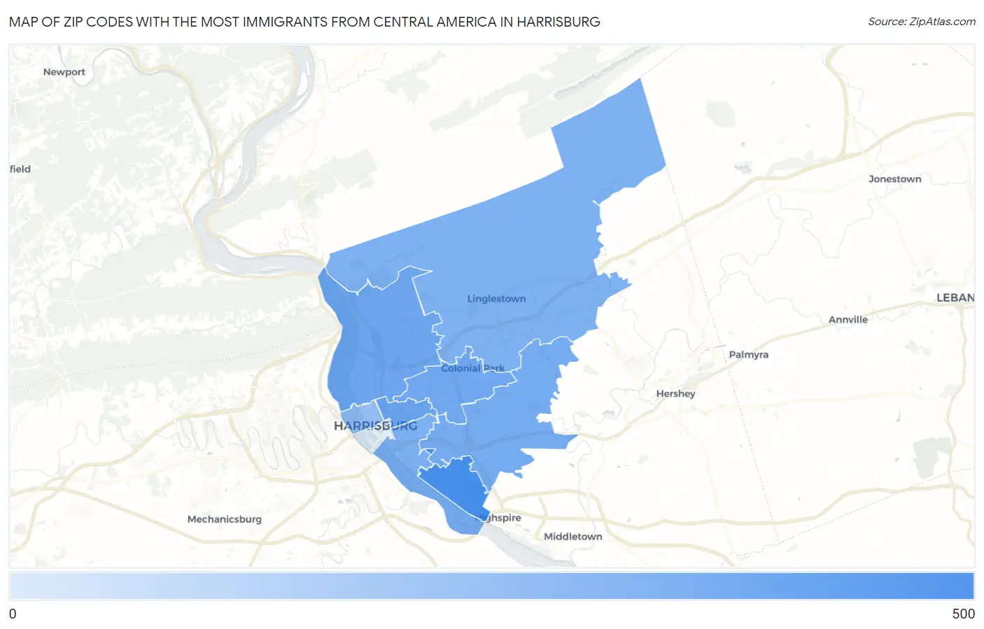 Zip Codes with the Most Immigrants from Central America in Harrisburg Map