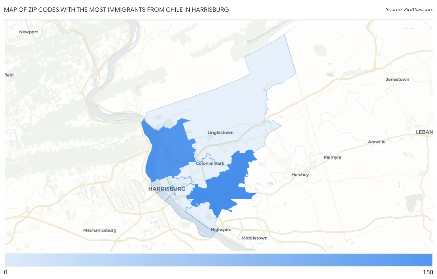 Zip Codes with the Most Immigrants from Chile in Harrisburg Map