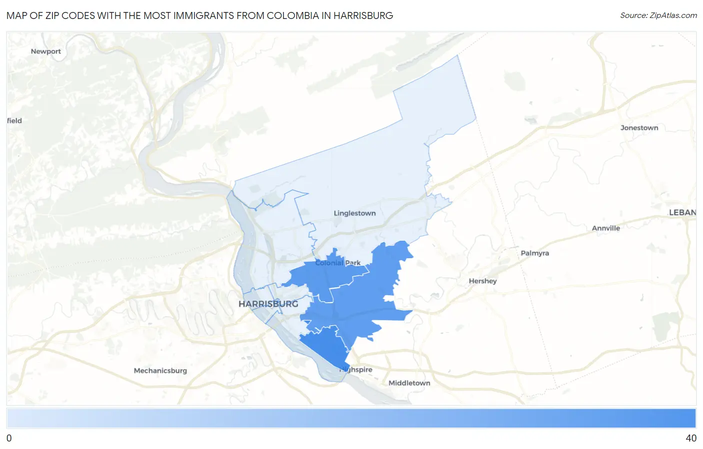 Zip Codes with the Most Immigrants from Colombia in Harrisburg Map