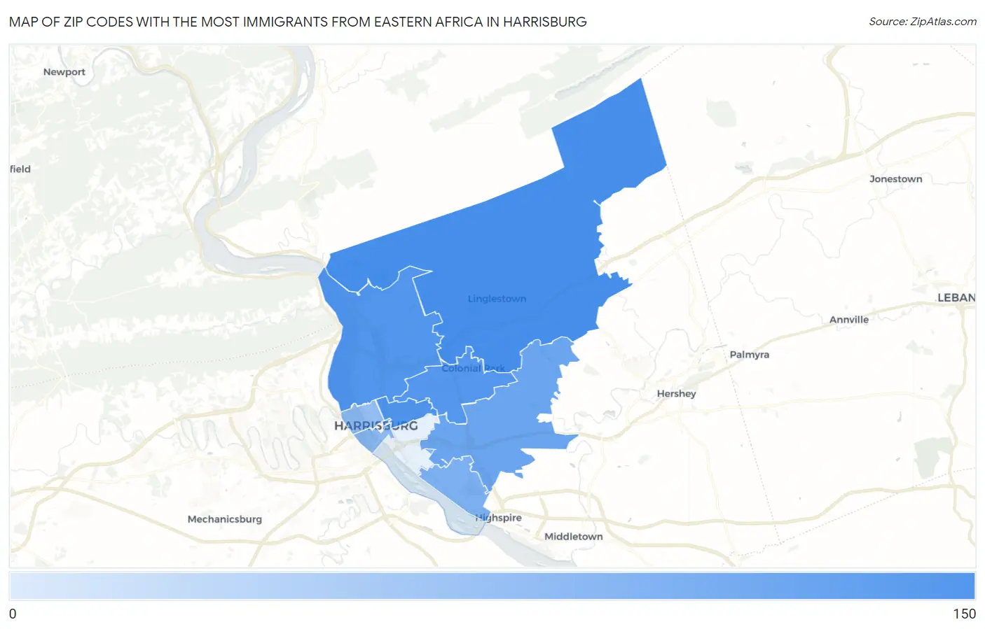 Zip Codes with the Most Immigrants from Eastern Africa in Harrisburg Map
