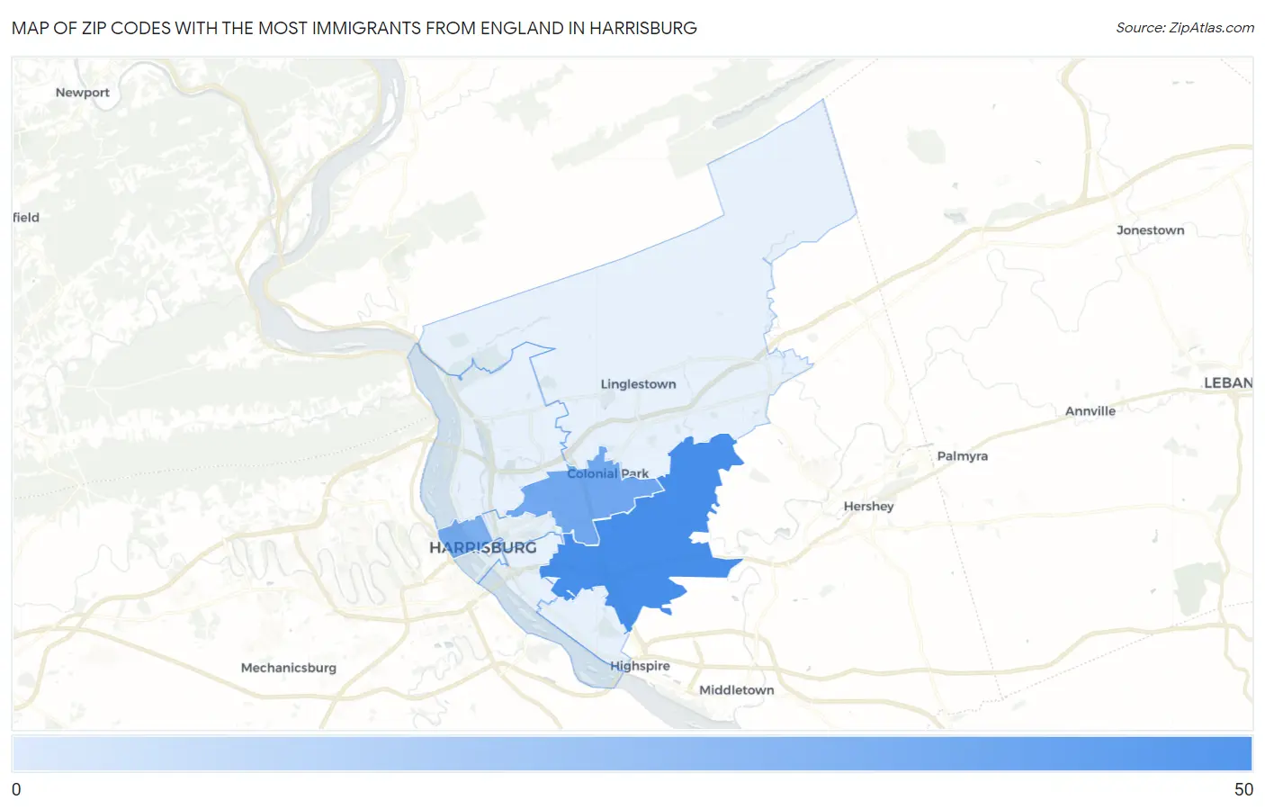 Zip Codes with the Most Immigrants from England in Harrisburg Map