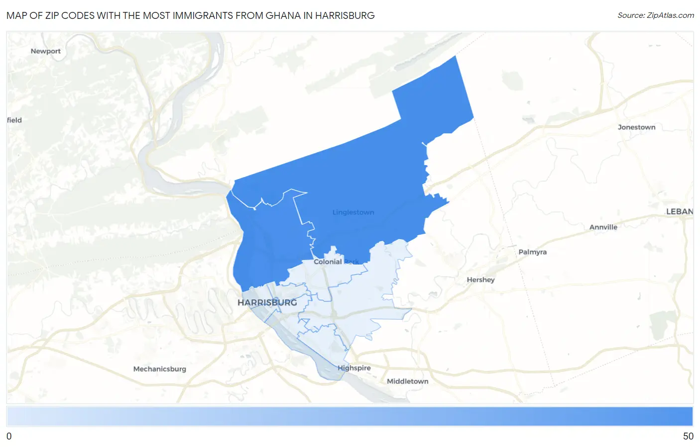 Zip Codes with the Most Immigrants from Ghana in Harrisburg Map