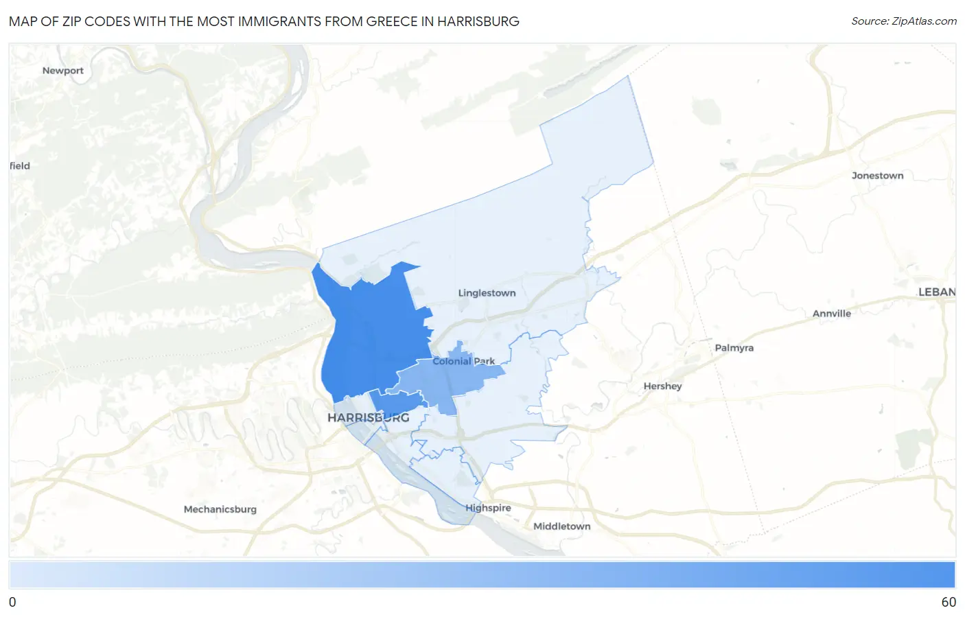 Zip Codes with the Most Immigrants from Greece in Harrisburg Map