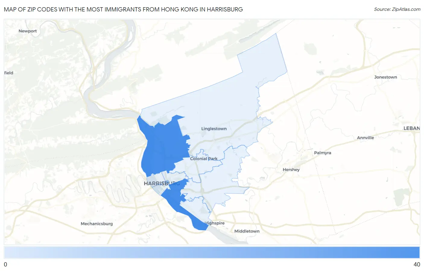 Zip Codes with the Most Immigrants from Hong Kong in Harrisburg Map