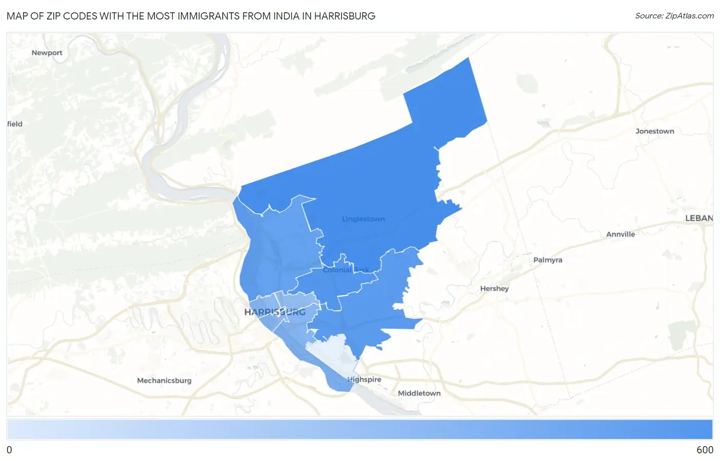 Zip Codes with the Most Immigrants from India in Harrisburg Map