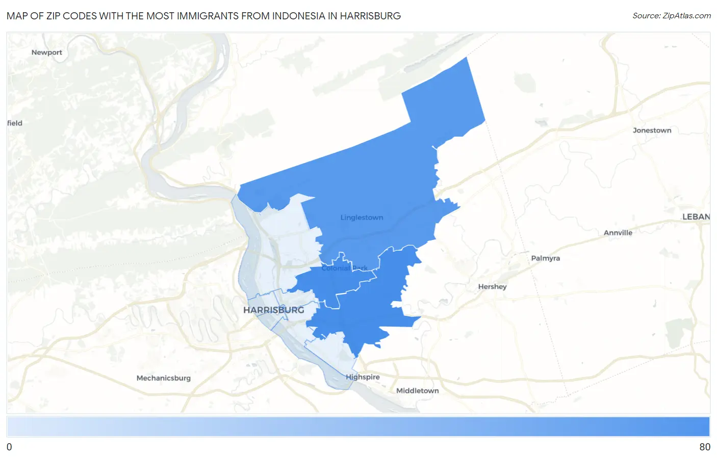 Zip Codes with the Most Immigrants from Indonesia in Harrisburg Map