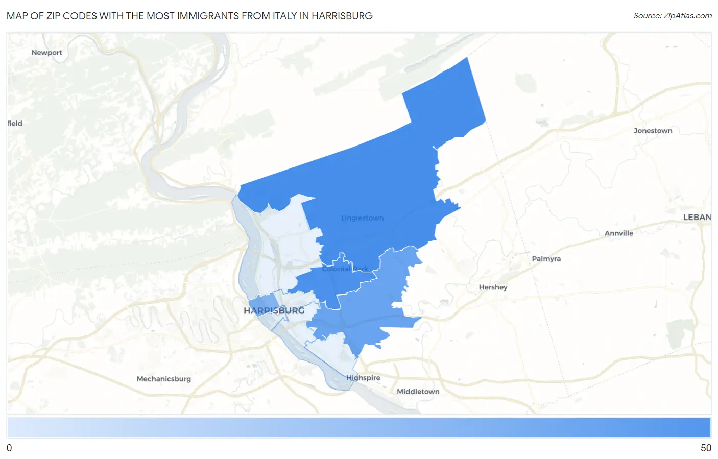 Zip Codes with the Most Immigrants from Italy in Harrisburg Map