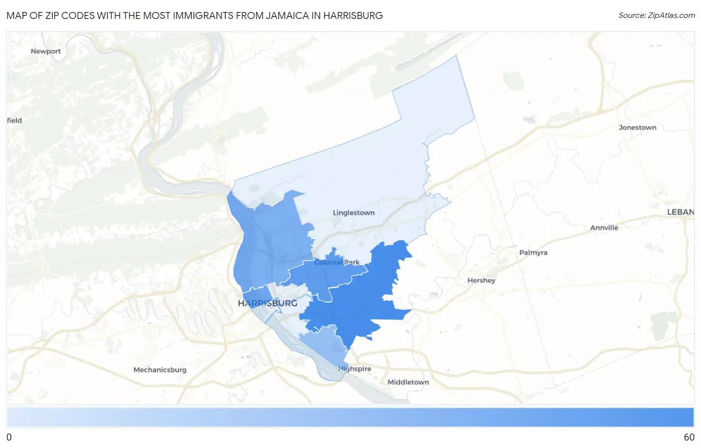 Zip Codes with the Most Immigrants from Jamaica in Harrisburg Map