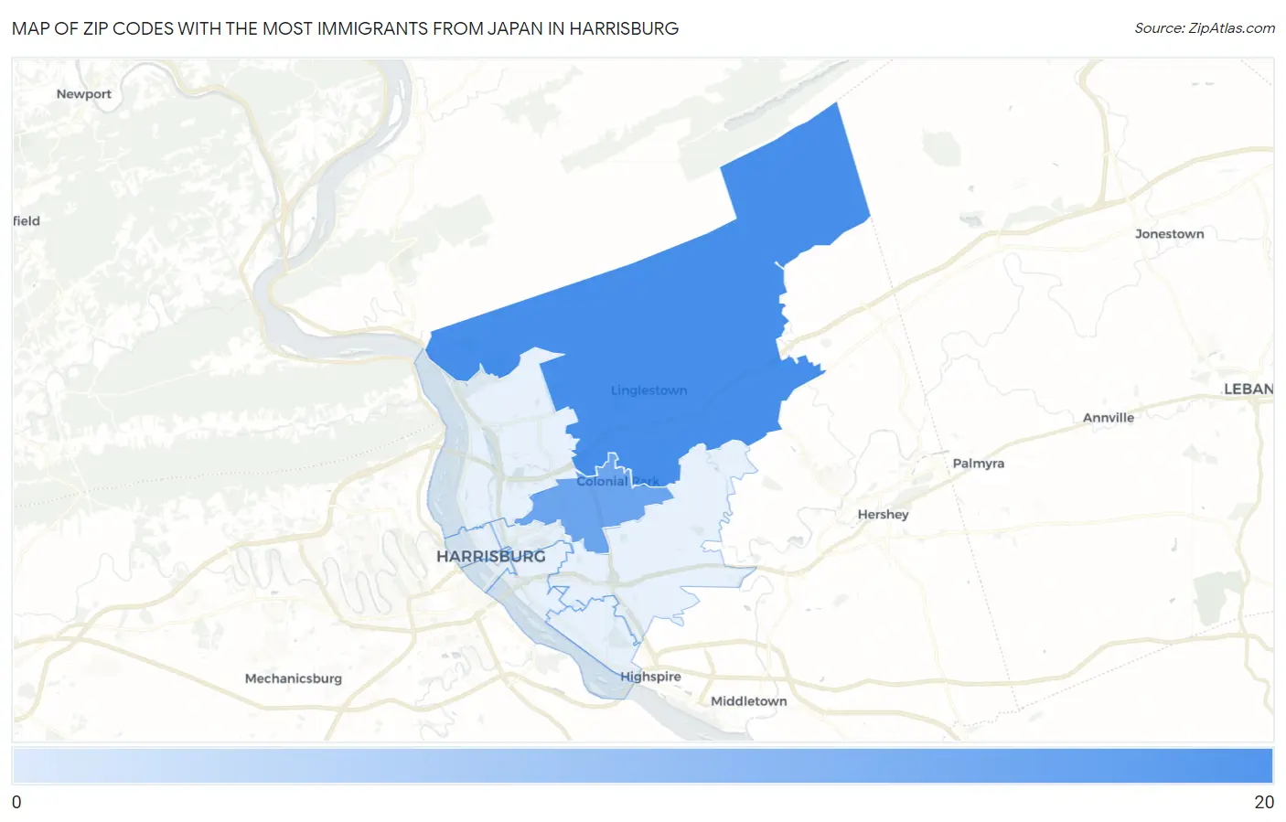 Zip Codes with the Most Immigrants from Japan in Harrisburg Map