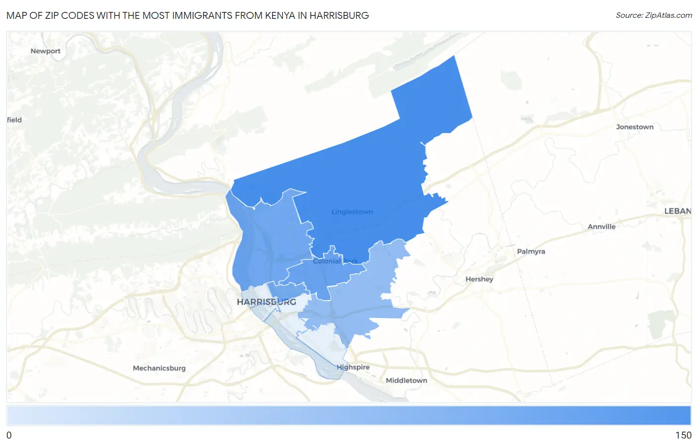 Zip Codes with the Most Immigrants from Kenya in Harrisburg Map