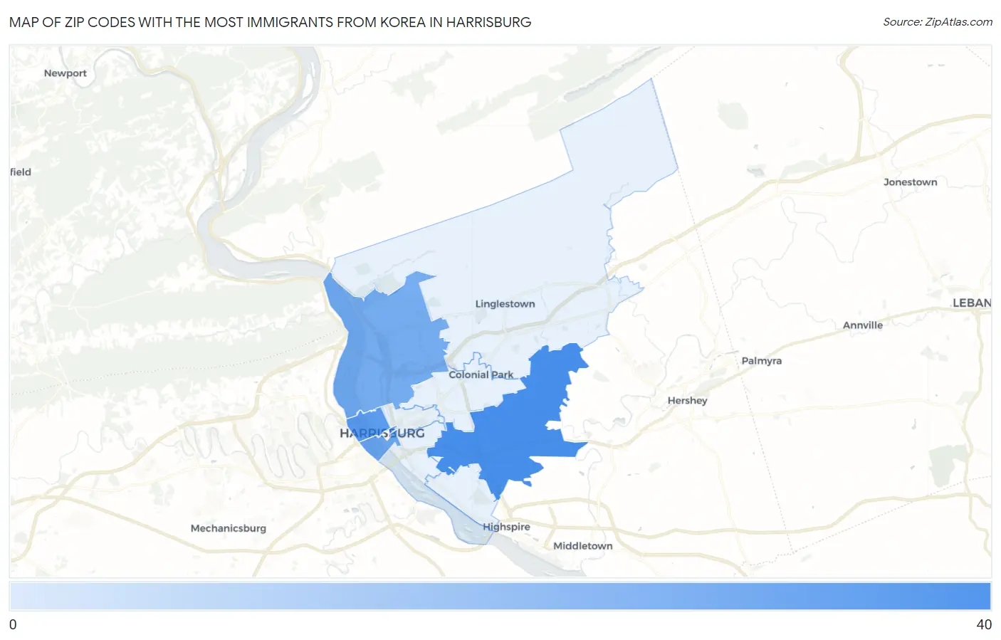 Zip Codes with the Most Immigrants from Korea in Harrisburg Map