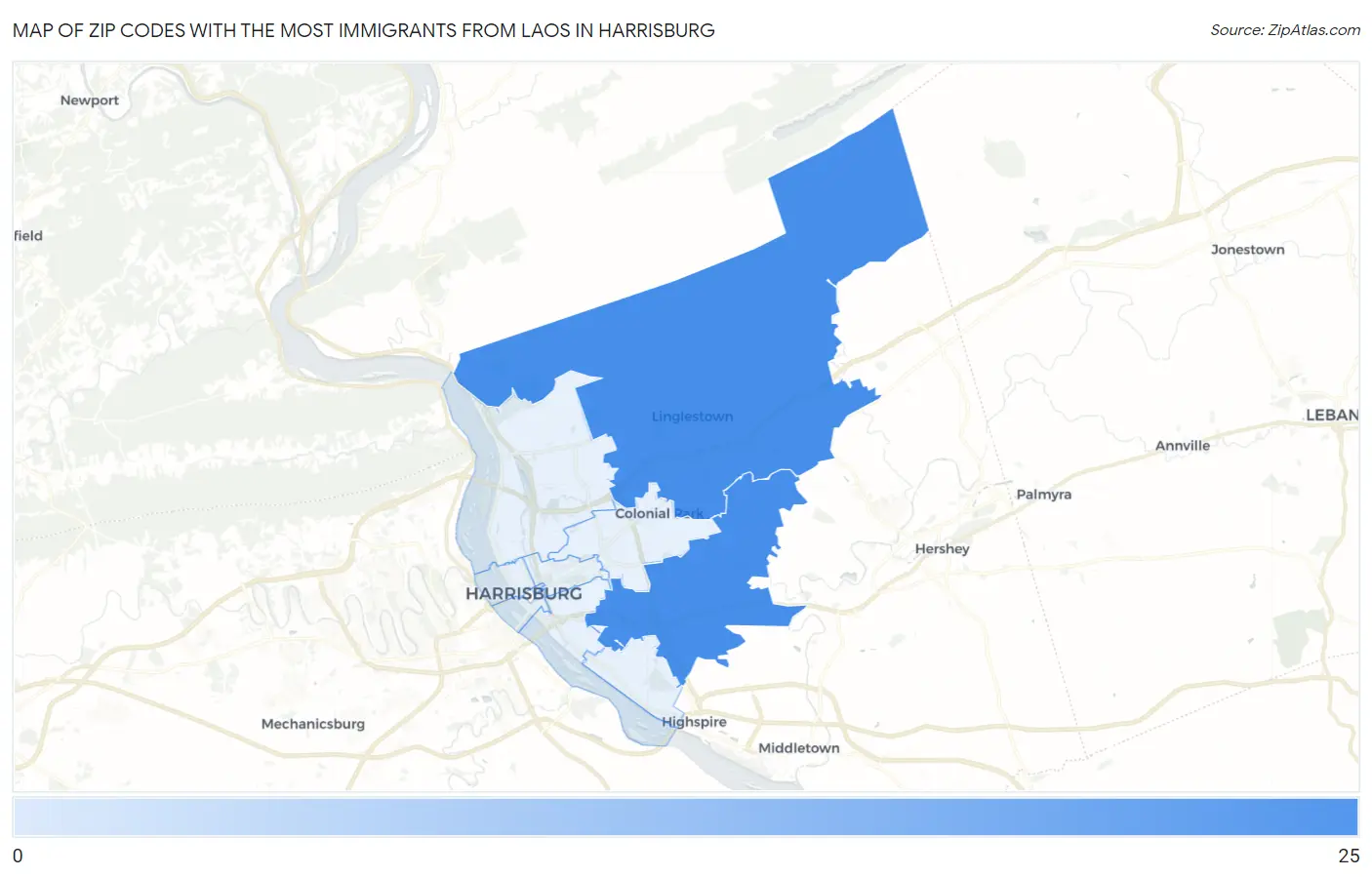 Zip Codes with the Most Immigrants from Laos in Harrisburg Map