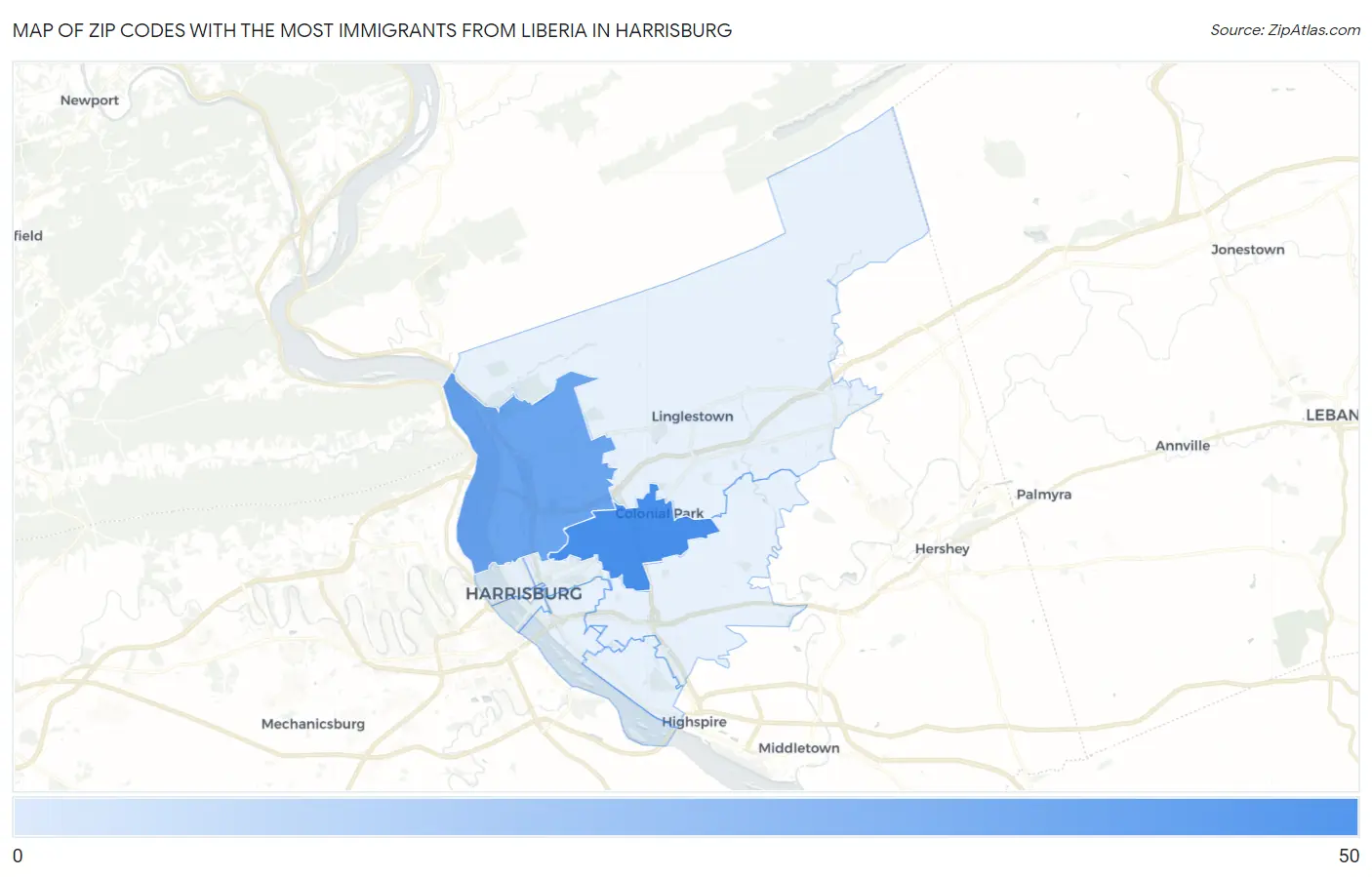 Zip Codes with the Most Immigrants from Liberia in Harrisburg Map