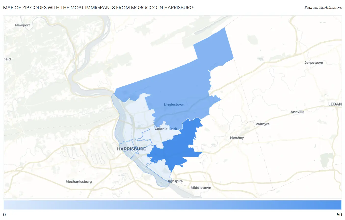 Zip Codes with the Most Immigrants from Morocco in Harrisburg Map