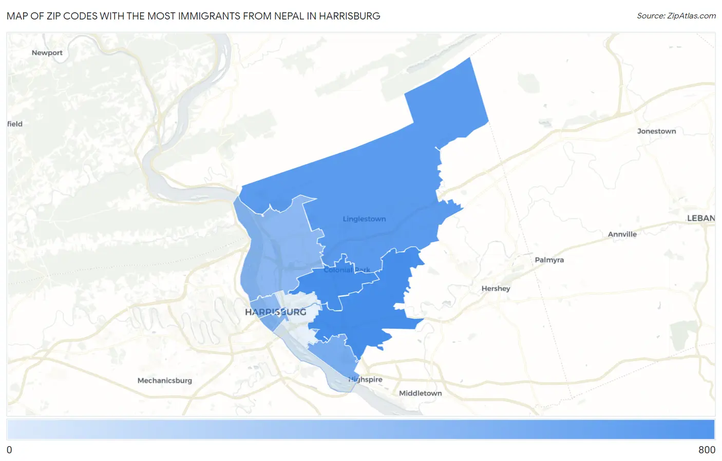 Zip Codes with the Most Immigrants from Nepal in Harrisburg Map