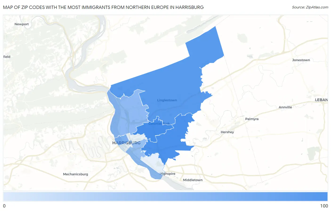 Zip Codes with the Most Immigrants from Northern Europe in Harrisburg Map