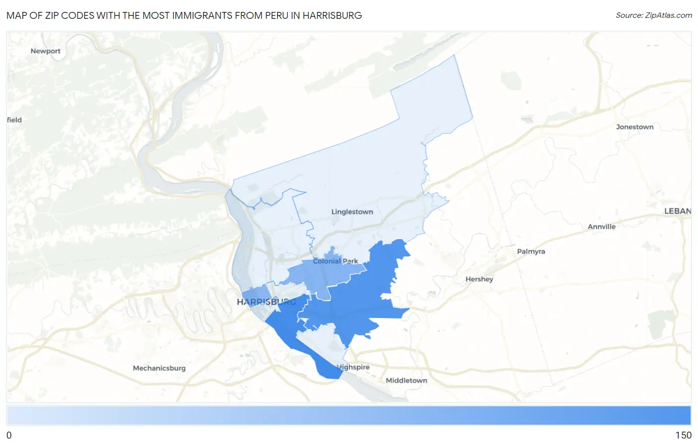Zip Codes with the Most Immigrants from Peru in Harrisburg Map