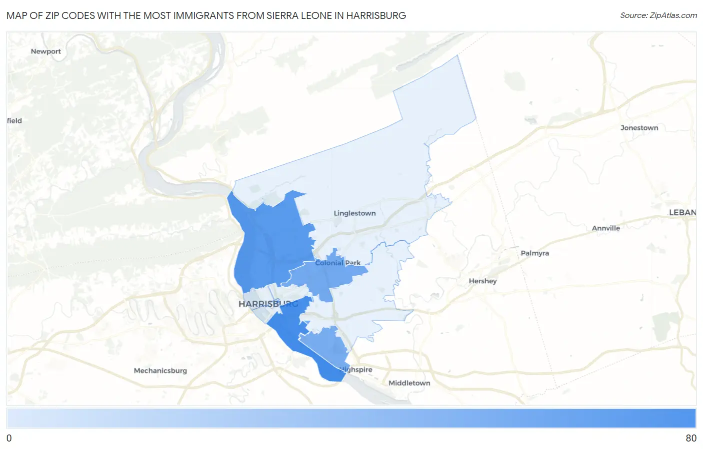 Zip Codes with the Most Immigrants from Sierra Leone in Harrisburg Map