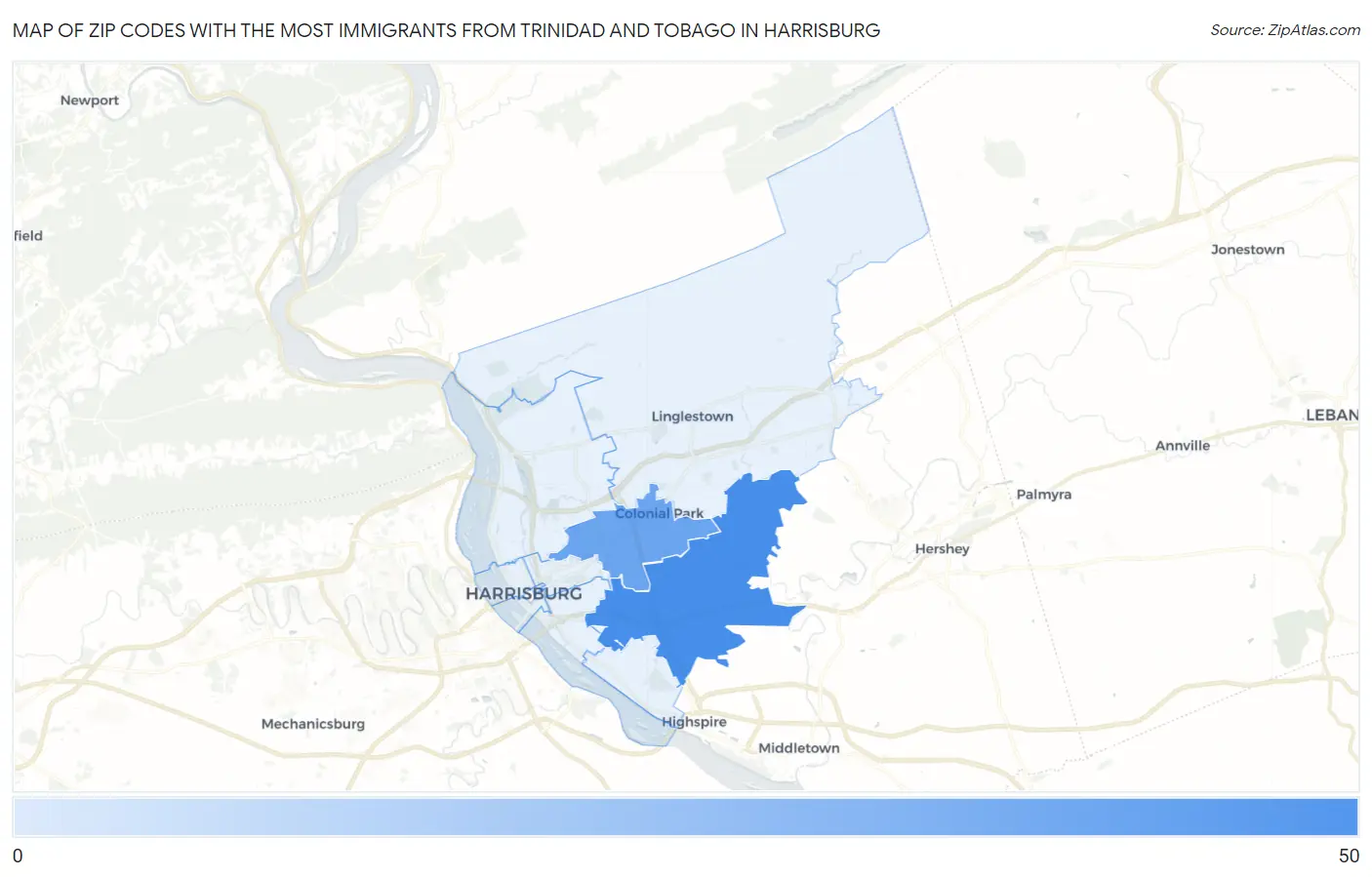Zip Codes with the Most Immigrants from Trinidad and Tobago in Harrisburg Map
