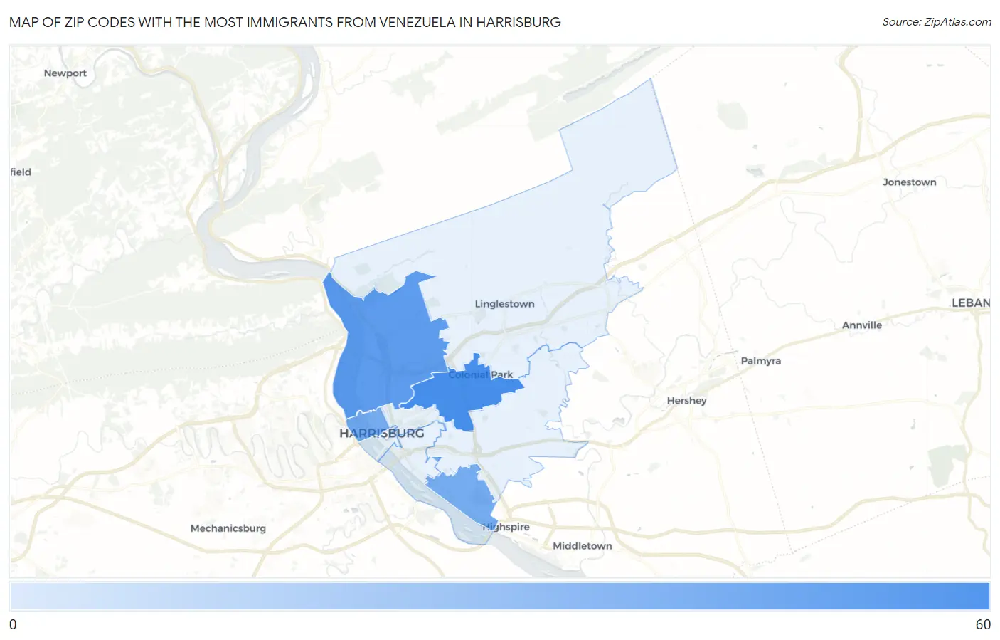 Zip Codes with the Most Immigrants from Venezuela in Harrisburg Map
