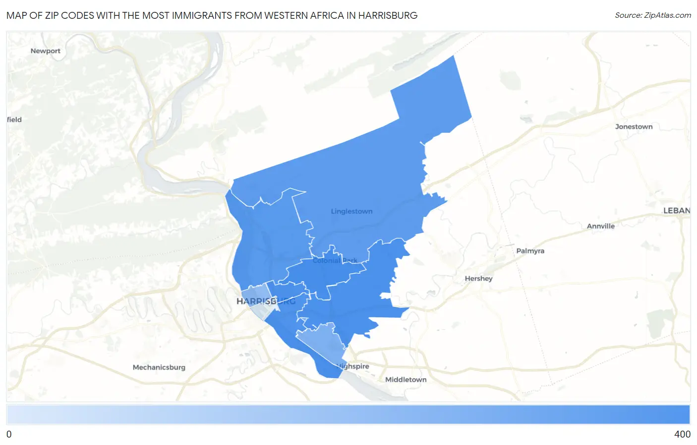 Zip Codes with the Most Immigrants from Western Africa in Harrisburg Map