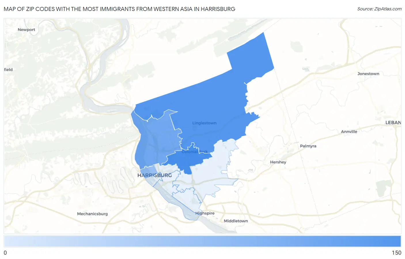Zip Codes with the Most Immigrants from Western Asia in Harrisburg Map