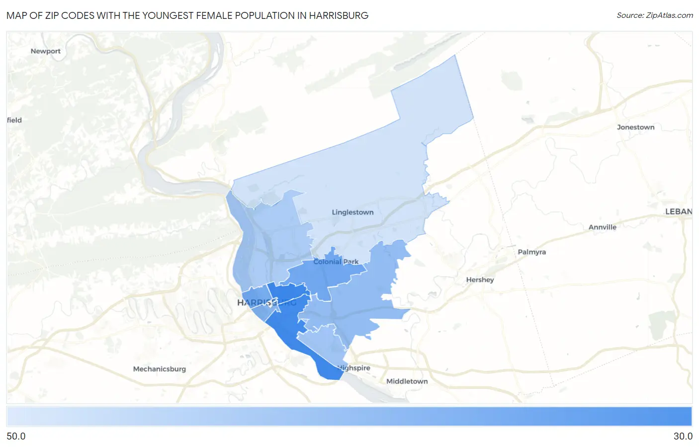 Zip Codes with the Youngest Female Population in Harrisburg Map