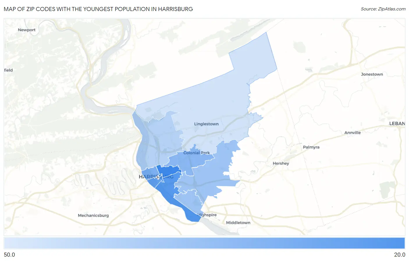 Zip Codes with the Youngest Population in Harrisburg Map