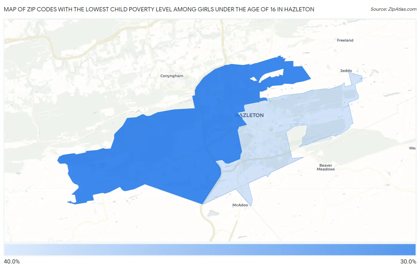 Zip Codes with the Lowest Child Poverty Level Among Girls Under the Age of 16 in Hazleton Map
