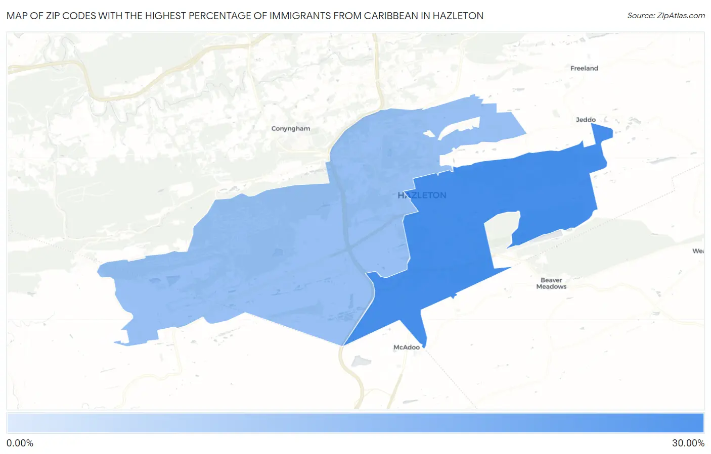 Zip Codes with the Highest Percentage of Immigrants from Caribbean in Hazleton Map