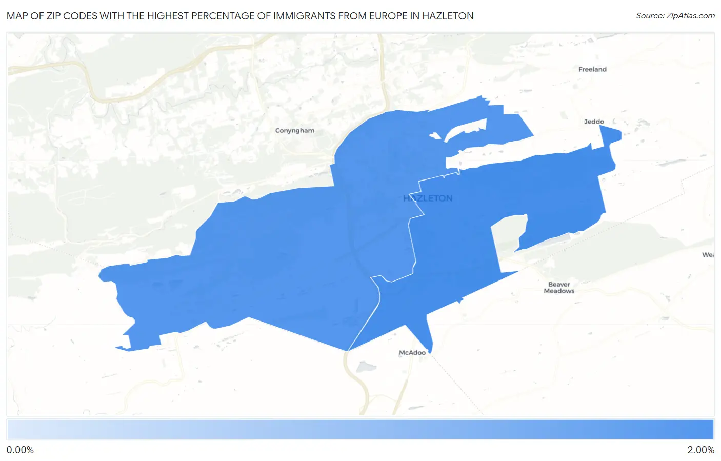 Zip Codes with the Highest Percentage of Immigrants from Europe in Hazleton Map