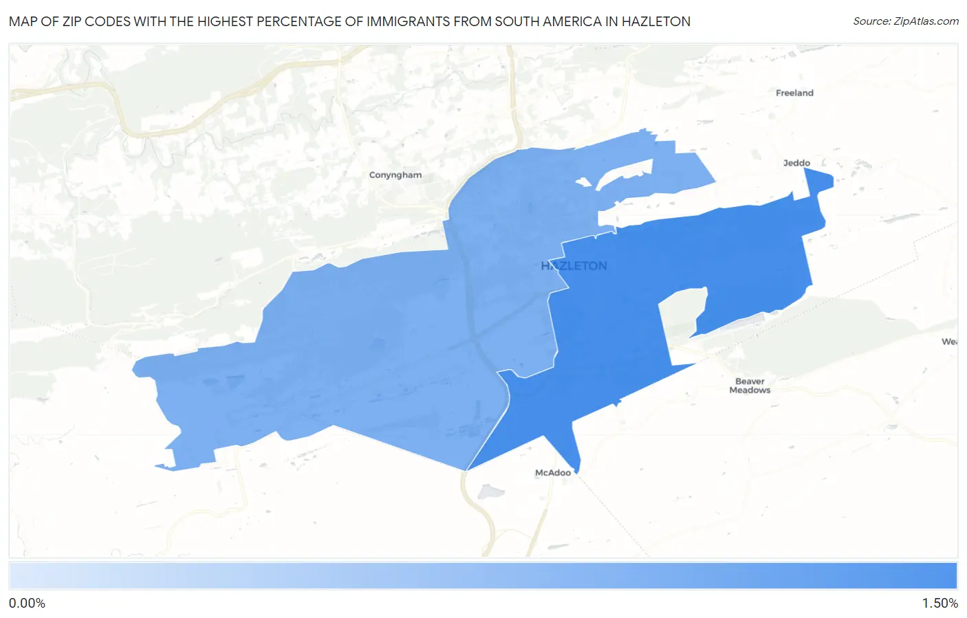 Zip Codes with the Highest Percentage of Immigrants from South America in Hazleton Map