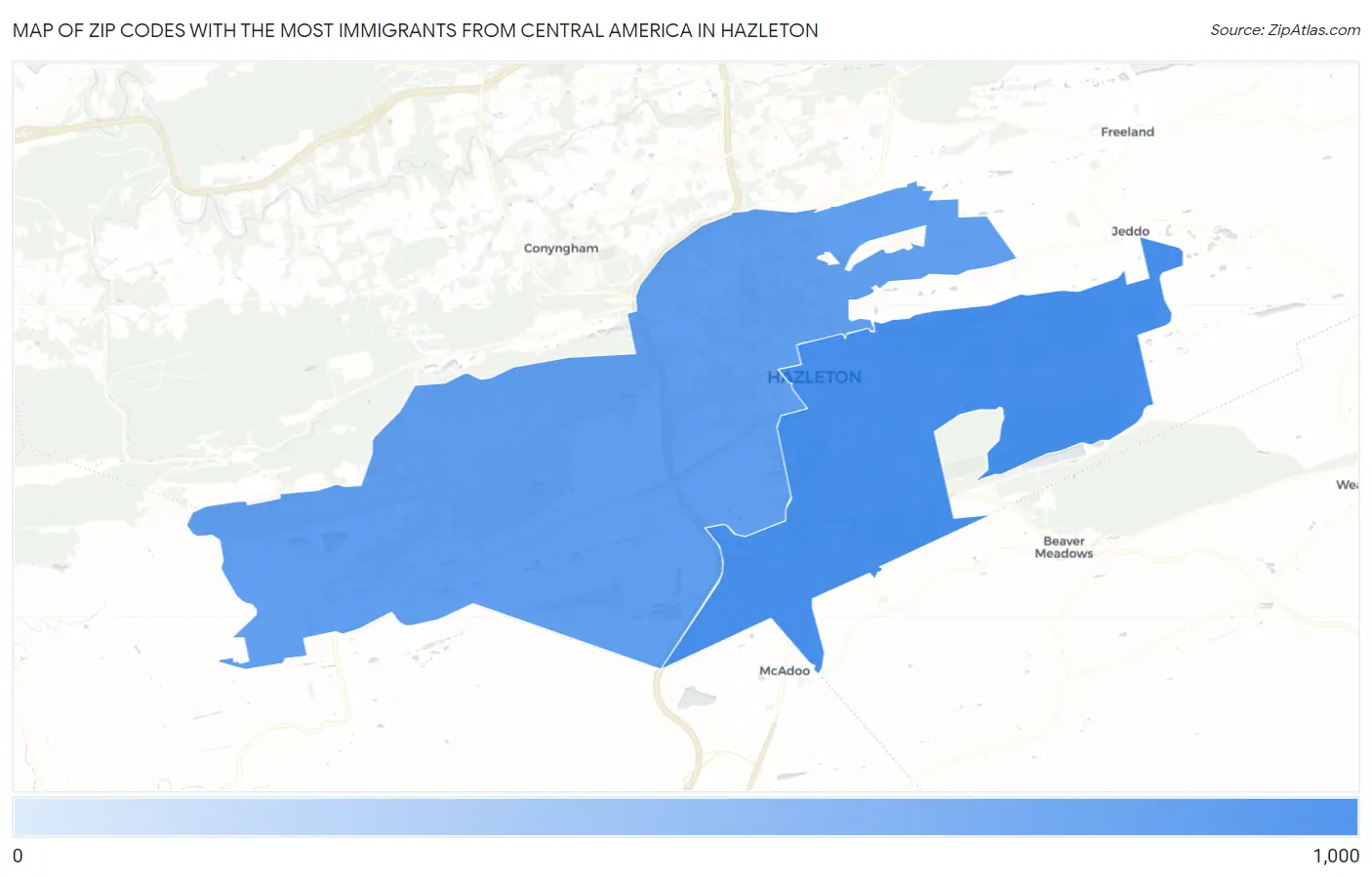 Zip Codes with the Most Immigrants from Central America in Hazleton Map