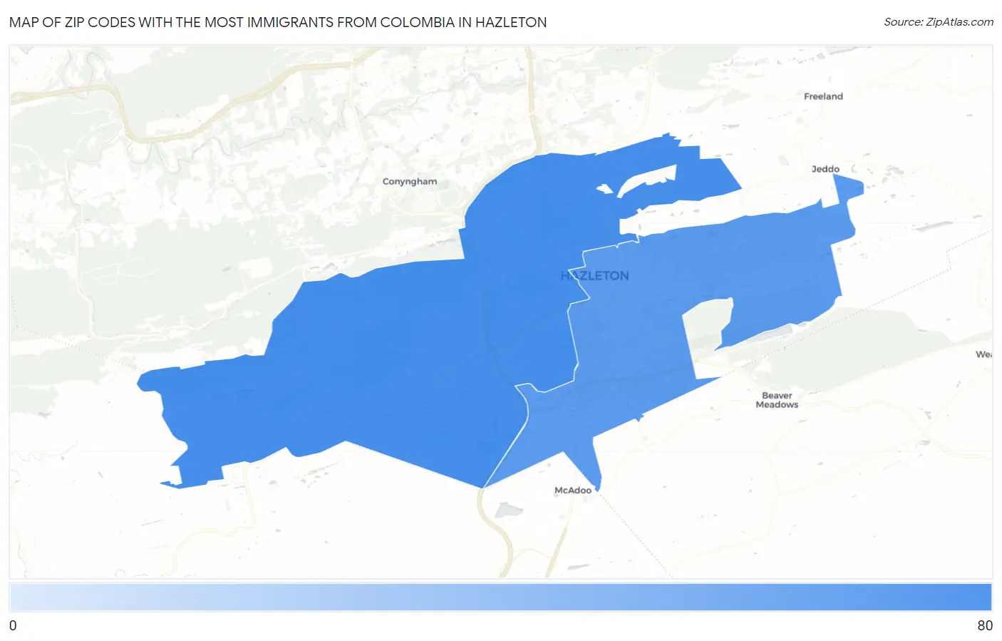 Zip Codes with the Most Immigrants from Colombia in Hazleton Map