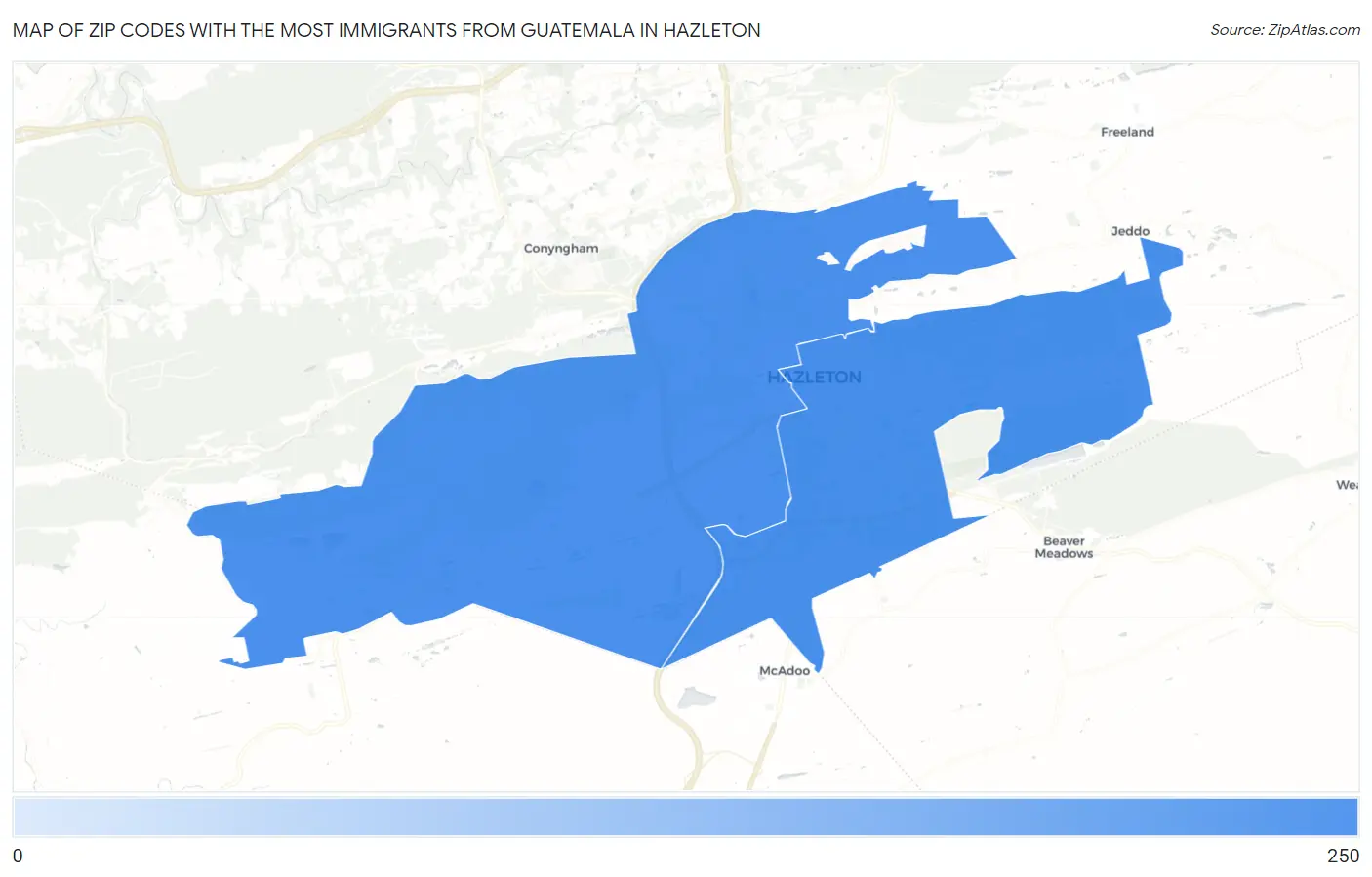 Zip Codes with the Most Immigrants from Guatemala in Hazleton Map