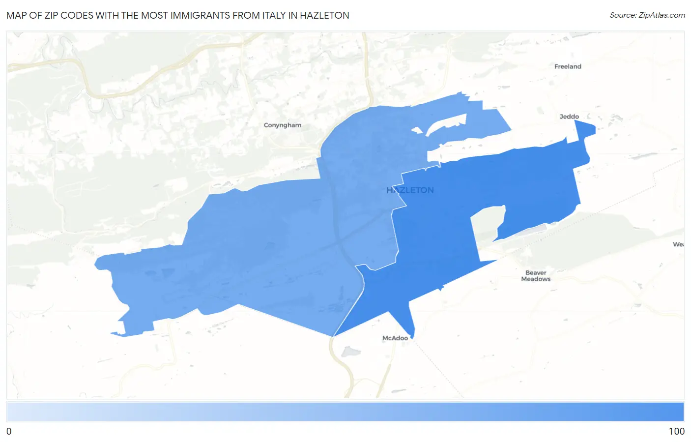 Zip Codes with the Most Immigrants from Italy in Hazleton Map