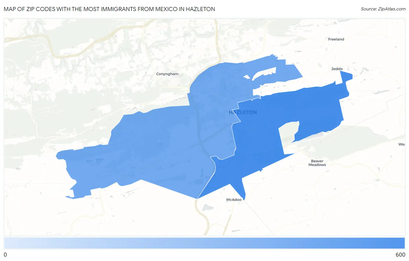 Zip Codes with the Most Immigrants from Mexico in Hazleton Map