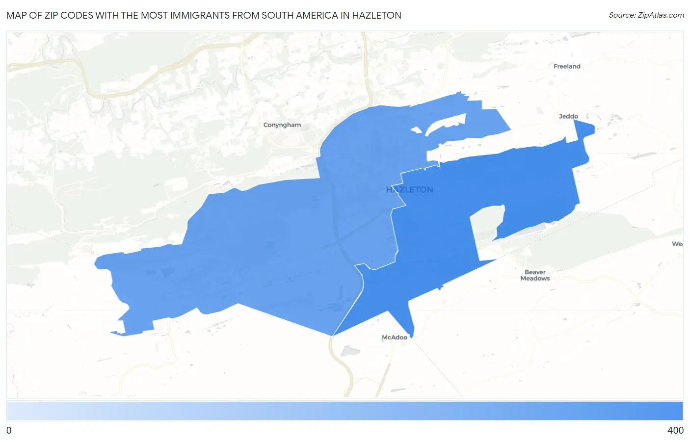 Zip Codes with the Most Immigrants from South America in Hazleton Map